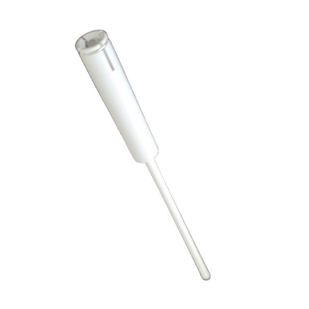 SO 825.919 A white disposable plastic pipette, resembling a Socorex Acura Plunger with circlip (250-1000μL), featuring a long thin stem and cylindrical top, isolated on a plain background.
