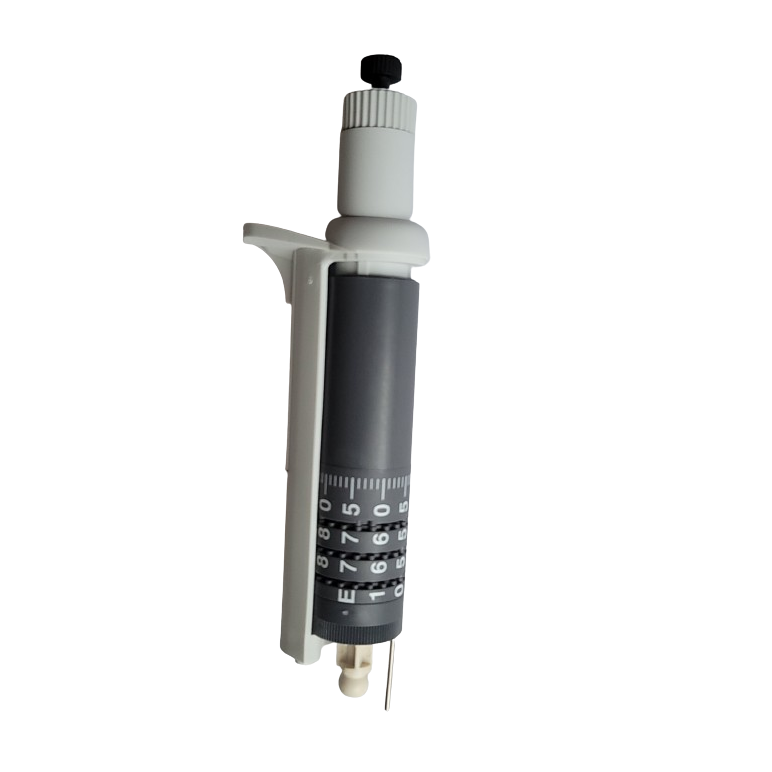The Acura 825 Counter Assembly, 1000μL (Socorex), with volume adjustment dial, plunger, and disposable tip, is shown on a white background; ideal for precision tasks requiring an Acura counter.