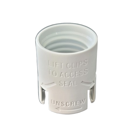 Acura 826 XS Barrel Head, 1000μL (Socorex) white plastic cap with ridged interior, labeled LIFT CLIPS TO ACCESS SEAL and UNSCREW with directional arrows, shown against a plain background.