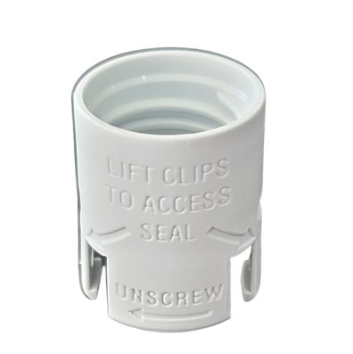 White plastic Acura 826 XS Barrel Head cap (1000μL, Socorex, newer version) with embossed instructions: LIFT CLIPS TO ACCESS SEAL and UNSCREW with directional arrows.