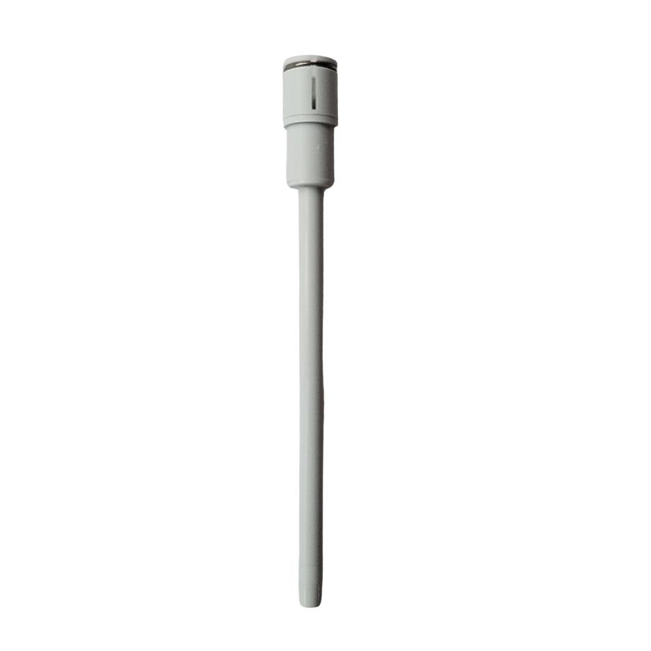 The Acura 826 XS Plunger, Including Circlip, 200μL (Socorex), is a white cylindrical plastic rod with a thicker top and narrow elongated body, resembling an Acura plunger, shown isolated on a white background.