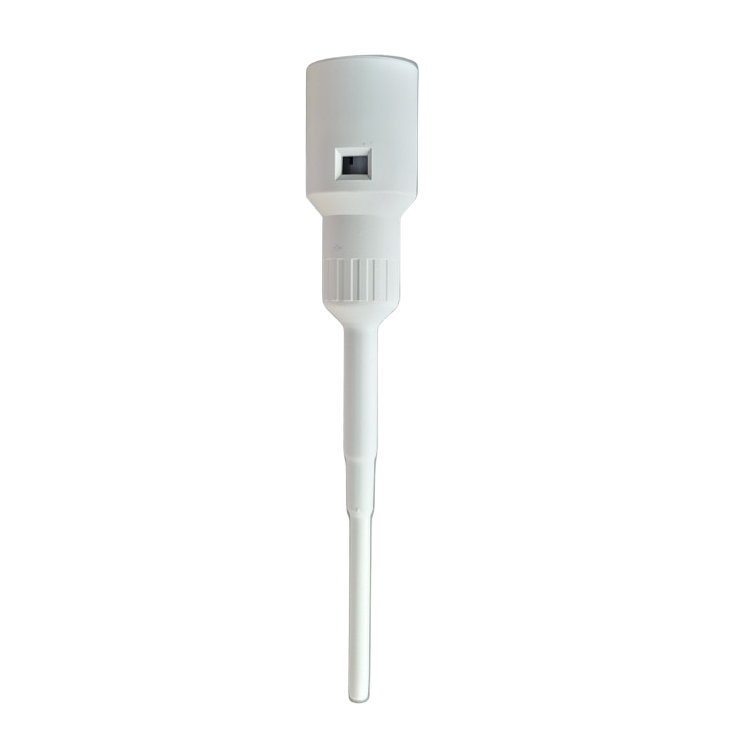 The image shows a white Acura 826 XS Barrel Assembly, 10μL (Socorex) micropipette tip with a cylindrical handle and tapered nozzle, designed for compatibility with Acura barrel assembly systems.