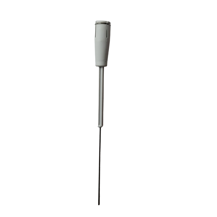 A single gray Acura 826 XS plunger pipette, including circlip, 10μL (Socorex), with a long slender tip is shown vertically against a white background.