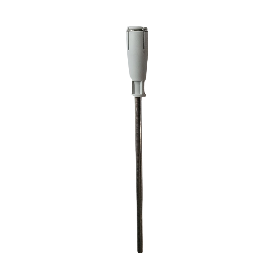 The Acura 826 XS Plunger, Including Circlip, 100μL (Socorex), features a gray and black cylindrical body with a slim metallic rod extending downward, and is shown isolated on a white background.