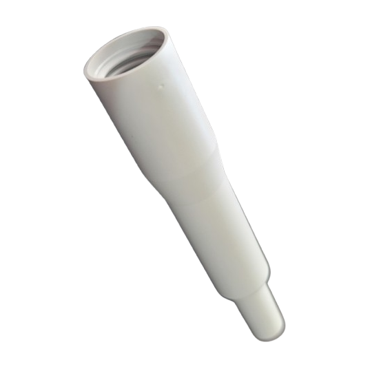A white Acura 835 / 835F Barrel, 2mL (Socorex) plastic pipe fitting with a threaded end, shown against a plain white background.