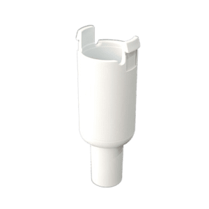 White cylindrical plastic adapter with two notched hooks on the upper rim, designed for connecting components, compatible with Socorex Acura 835 / 835F Barrel, 2.5-5mL systems.