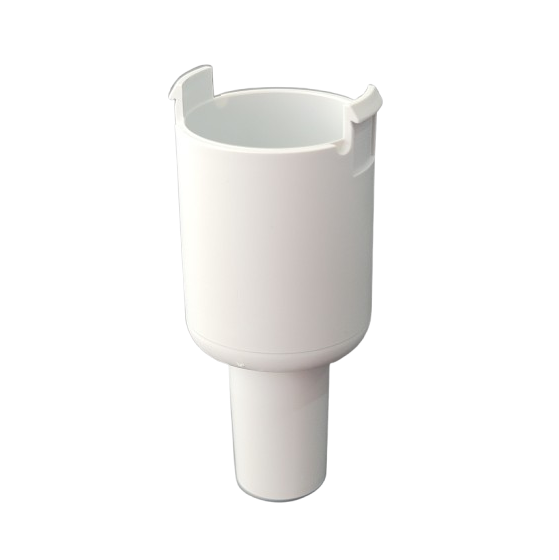 A white, cylindrical plastic cup holder with a split top and extended base, designed to fit seamlessly with the Socorex Acura 835 / 835F Barrel, 10mL, shown against a plain background.