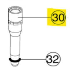 A technical diagram of the Acura 855 Barrel, Including Tightness Part, Without O-ring, 200μL (Socorex), highlights and circles numbers 30 and 32 on the cylindrical mechanical component.