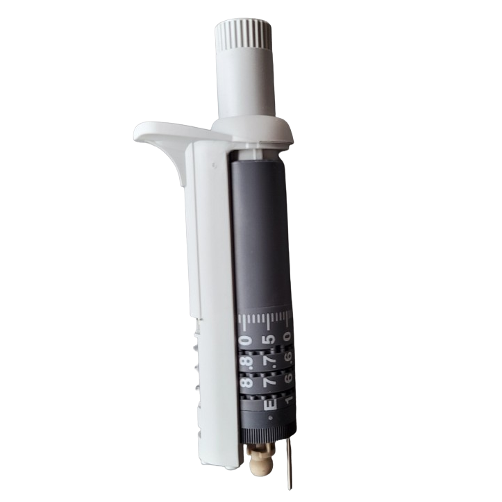 An Acura 855 Counter Assembly, 8 channel, 10μL (Socorex) laboratory micropipette with adjustable volume dial, isolated on a white background.