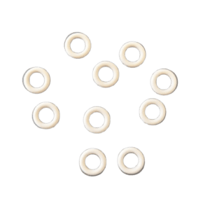 Ten Acura 855 Barrel O-Rings, 200μL, 10 pack (Socorex), are arranged in a loose pattern on a plain white background.