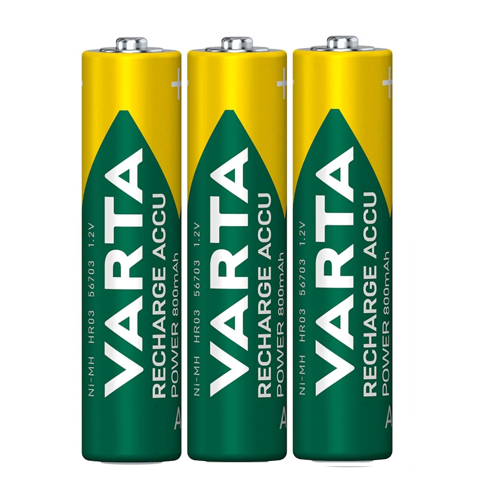 Three Varta rechargeable AAA batteries with green and yellow labels stand upright, forming the Corning Stripettor Ultra Pipet Controller Battery Set, perfect for powering reliable lab devices.