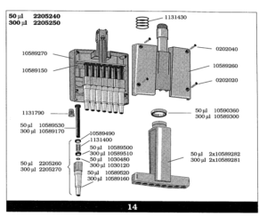 Exploded view diagram of a Finnpipette BioControl Tip Ejector, 8 Channel, 50μL (Thermo Scientific), showing labeled parts such as springs, shafts, and valves. Part numbers and volumes are indicated.