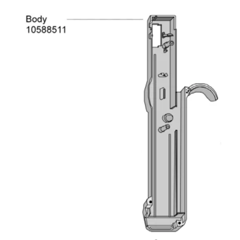 TS_10588511 Black and white technical line drawing of the Finnpipette Stepper Body (Thermo Scientific), displaying internal components and an external handle.