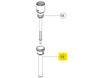 Line drawing of two separate cylindrical parts, labeled 18 and 19 (with 19 highlighted in yellow); both are Acura Ejector, 10Y-200μL (Socorex) barrel components featuring threaded and grooved ends.