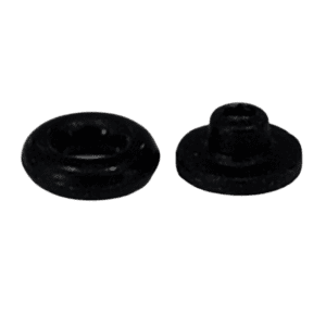 Two small black rubber grommets from the VWR UHP / Discovery Pro Seal and O-ring Set, Single Channel, 10μL (Labnet)—one with a raised center and one recessed—are shown on a plain light background.