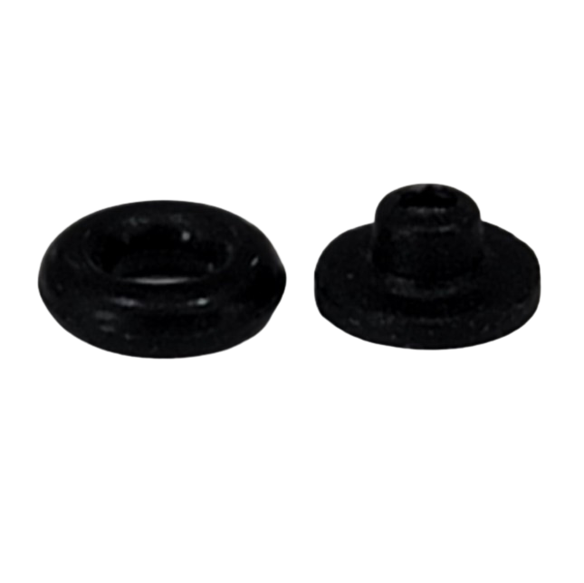 Two small black rubber grommets from the VWR UHP / Discovery Pro Seal and O-ring Set, Single Channel, 10μL (Labnet)—one with a raised center and one recessed—are shown on a plain light background.