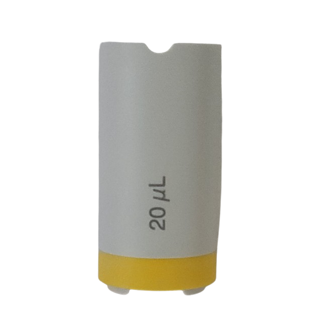 EP 3121806001 A yellow Research Plus Counter Cover, Fixed Volume 20μL (Eppendorf), stands upright against a white background—a precise lab accessory.
