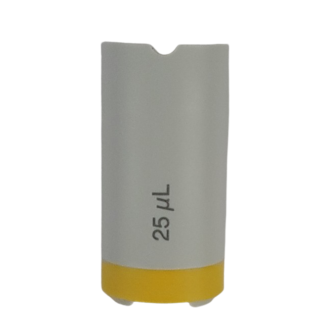 EP 3121807008 The Research Plus Counter Cover, Fixed Volume, Yellow, 25 μL (Eppendorf) is a small cylindrical tool with a yellow base labeled “25 μL” in black text, shown standing upright against a plain white background.