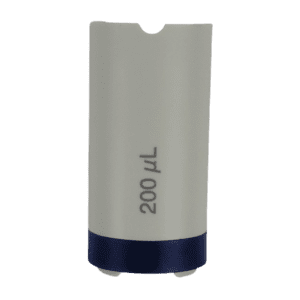 The Research Plus Counter Cover, Fixed Volume, Blue, 200μL (Eppendorf) is a white cylindrical lab container with a dark blue base—perfect for precise fixed volume applications.
