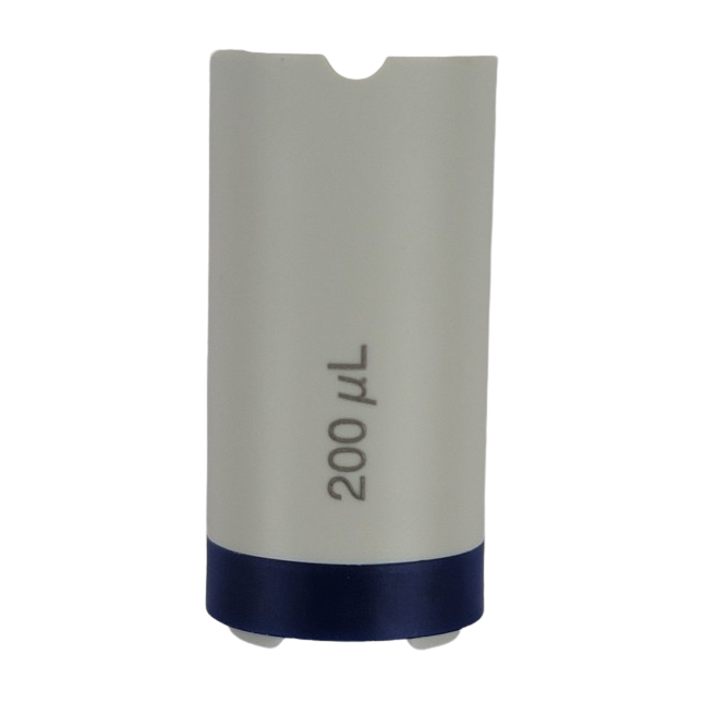 EP 3121811005 The Research Plus Counter Cover, Fixed Volume, Blue, 200μL (Eppendorf) is a white cylindrical lab container with a dark blue base—perfect for precise fixed volume applications.