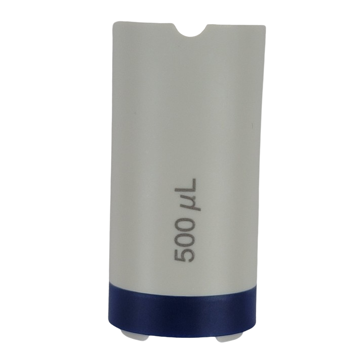 EP 3121813008 A blue Research Plus Counter Cover Fixed Volume 500μL (Eppendorf) stands upright, featuring a white cylindrical shape and a blue band near the base, set against a plain background.