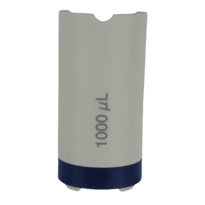 Blue 1000μL Eppendorf Research Plus Counter Cover, compatible with Fixed Volume pipettes, shown upright on a plain background with a white plastic holder and blue band near the base.