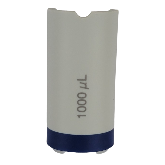EP 3121814004 Blue 1000μL Eppendorf Research Plus Counter Cover, compatible with Fixed Volume pipettes, shown upright on a plain background with a white plastic holder and blue band near the base.