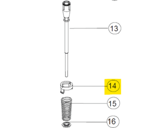 Diagram showing labeled parts of a mechanical assembly, with part 14 highlighted in yellow among items 13–16, reflecting the precision of the Socorex Acura Ring for 25µL, 50µL, 100µL, 200µL, and 1000µL models.