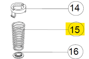 Line drawing of three mechanical parts labeled 14, 15 (highlighted in yellow), and 16, showing a clip, an Acura Spring, 25-200μL (Socorex) coil spring, and a circular component respectively.