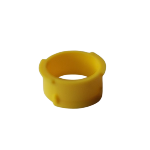 A small yellow cylindrical plastic cover (Thermo Scientific Finnpipette Focus/Novus Single Channel, 100μL, newer version) with a smooth surface and two outer notches is shown on a plain white background.