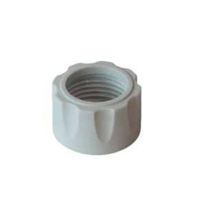 A Pipet-Lite XLS Shaft Coupling Nut for multichannel Rainin pipettes, all volumes, made of white plastic with a ridged exterior, shown from above on a plain white background.