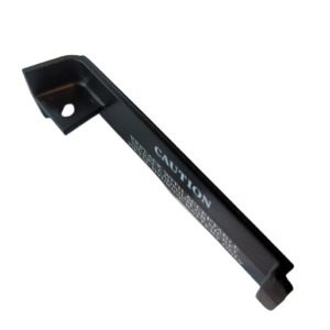 Black Portable Pipet-Aid XP Battery Door (Drummond) with angled edge, mounting hole, and white CAUTION label; designed as a secure replacement battery door for the Pipet-Aid XP.