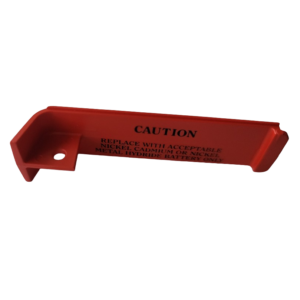 Red Portable Pipet-Aid XP Battery Door by Drummond, with a hole at one end and black caution text for use only with nickel cadmium or nickel metal hydride batteries.