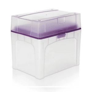 The BrandTech TipBox, Purple, Empty, PP, 1250μL features a secure latch and translucent design with a purple-tinted lid, shown on a white background.