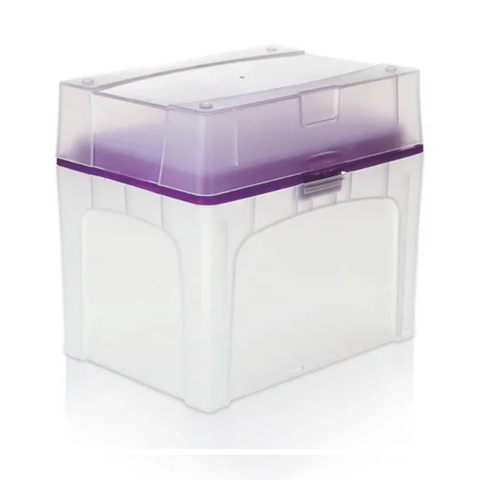 The BrandTech TipBox, Purple, Empty, PP, 1250μL features a secure latch and translucent design with a purple-tinted lid, shown on a white background.