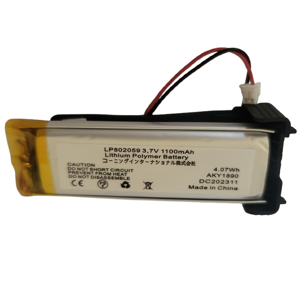 The Corning Stripettor Pro Pipet Controller Lithium Polymer Battery (Corning / Labnet) is a rectangular 3.7V, 1100mAh, 4.07Wh battery with wires, warning text, and a "Made in China" label for compatible devices.