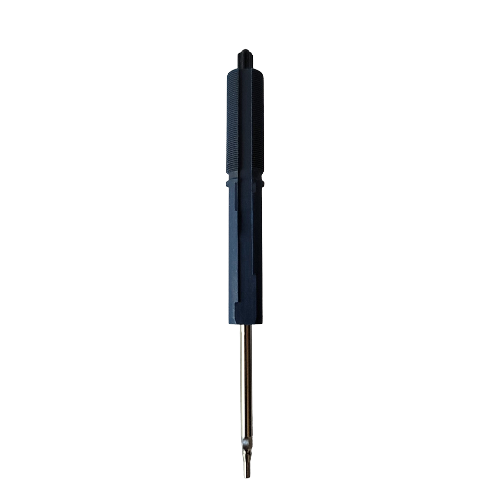 GI FA07345 A black and silver Gilson Pipetman L Screw Assembly/Operating Rod for Multichannel 10μL P8x10L/P12x10L pipettes, featuring a textured handle and magnetic tip, shown on a plain white background.