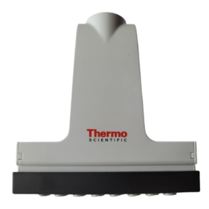 A grey Thermo Scientific Finnpipette F1 ClipTip Upgrade Tip Ejector Assembly, 8 Channel, for all volumes except 10μL micro, is shown from the front against a plain background.