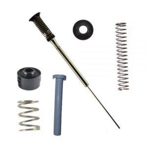 Components from the Labnet Piston Assembly Kit, Low Force, Single Channel, 20μL - New Version are displayed on a white background, including springs, rod, seals, and a cylindrical spacer.