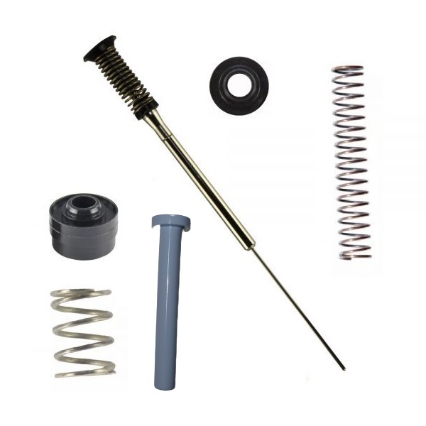 Components from the Labnet Piston Assembly Kit, Low Force, Single Channel, 20μL - New Version are displayed on a white background, including springs, rod, seals, and a cylindrical spacer.