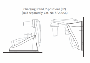 Line drawing of the FastPette Pro & Swiftpet Pro Pipette Controllers Charging Stand, 2-Position (Labnet), shown from side and angled views with options for wall-mount or tabletop placement.
