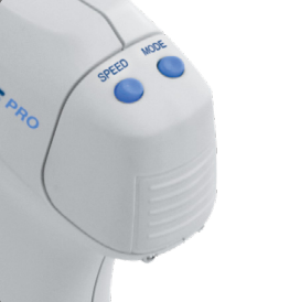Close-up of a white FastPette Pro P2002 NiMH Battery Cover (Labnet) electronic device featuring two blue buttons labeled Speed and Mode on its top surface.