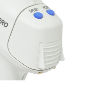 Close-up of the Labnet FastPette Pro with the P2004 Li-ion Battery Cover, showing two blue SPEED and MODE buttons above a ridged panel.