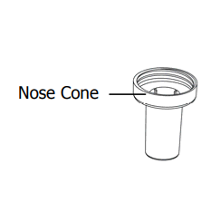 NI_00-PM-N005 Line drawing of a cylindrical Pipette Mate NEO Pipette Controller Nose Cone (Nichiryo) with an arrow highlighting its upper section as a key component of the controller.