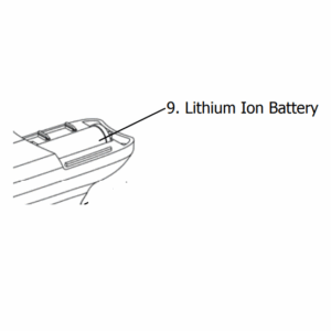 Diagram of a Pipette Mate NEO Pipette Controller with an arrow indicating the rear section labeled 9. Lithium Ion Battery, 3.6V, 600mAh (Nichiryo).