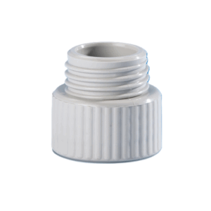 The Thread Adapter GL28/32mm (BrandTech) features a ribbed white plastic body for connecting different-sized fittings—perfect for use with Piccolo Dispensers.