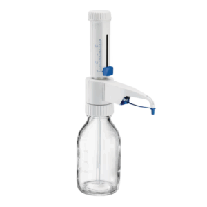 The Eppendorf Varispenser 2 Bottletop Dispenser (0.2–2mL) features a clear glass bottle, graduated scale, adjustable volume dial, and dispensing lever for precise, reliable liquid handling in the lab.