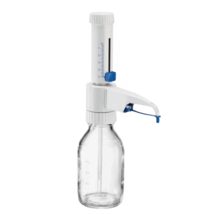 The Eppendorf Varispenser 2 Bottletop Dispenser (0.5–5 mL) features a transparent glass bottle and blue control valve for precise laboratory liquid handling.