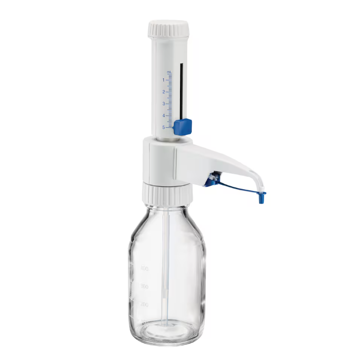 EP 4966000029 The Eppendorf Varispenser 2 Bottletop Dispenser (0.5–5 mL) features a transparent glass bottle and blue control valve for precise laboratory liquid handling.