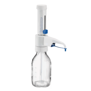 The Varispenser 2 Bottletop Dispenser, 1-10mL (Eppendorf), offers precise liquid handling in the lab with a clear graduated cylinder and a blue-white dispensing mechanism.